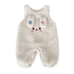 Cute white plush rabbit baby romper featuring soft fleece and floral ear details