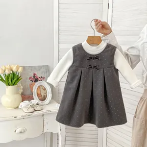 Sweet Girls Polka Dot Bow Dress Set With Fleece Lined Mock Neck Long Sleeve Top Warm Winter Outfit Kids Clothes