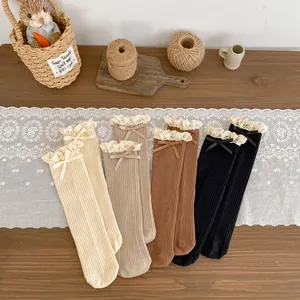 Kids Vintage Lace Mid-Calf Socks With Ribbon Bow Ribbed Cotton Breathable Socks For Toddler Girls Daily Princess Wear