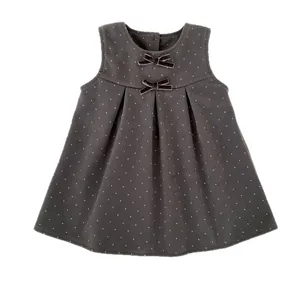 Dark grey polka dot A-line girl dress set with velvet bows and box pleats details