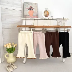 Winter fleece-lined flared pants for toddler girls with stylish wavy lace leg cuffs