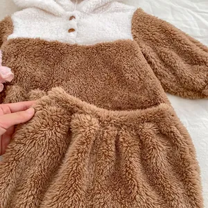 Cozy winter coral fleece baby pajama set with brown and white teddy velvet hood