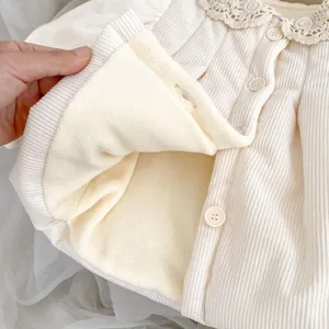 Winter toddler girls corduroy jacket with warm fleece lining and lace collar detail