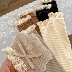 Girl's vintage ruffle cotton socks with lace edges and bows in morandi colors