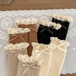 Retro girls cotton ribbed socks with elegant lace edges and ribbons in 4 colors