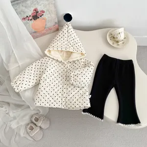 Winter Baby Polka Dot Quilted Hooded Jacket Thickened Warm Fleece Lined Cardigan Coat With Pom-Pom For Infant Toddler Boys Girls