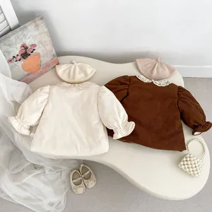 Detailed view of girls winter corduroy coat with lace collar and matching beret hat