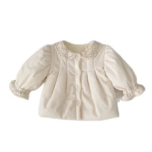 Winter girls corduroy jacket with lace Peter Pan collar and fleece lining in off-white