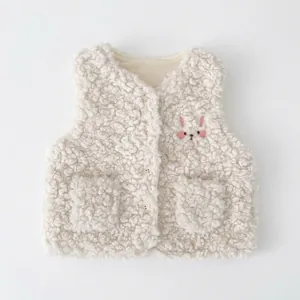 Gilet mignon en polaire sherpa blanche pour enfants avec broderie lapin et boutons