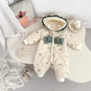 Baby Girl Floral Quilted Romper Hooded Thickened Warm Jumpsuit With Bow Green Ruffle Trim Infant Winter Bodysuit Clothes