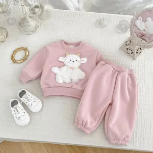 Ensemble de Vêtements d'Hiver Doublé de Polaire pour Fillette Motif Mouton Rose Pull Et Pantalon de Jogging Chaud Épais