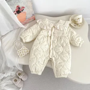 Baby Mädchen Winter Floral Gesteppter Strampler Verdickt Vliesgefüttert Jumpsuit Mit Spitzenrevers Süße Säugling Warm Einteiler Outfit