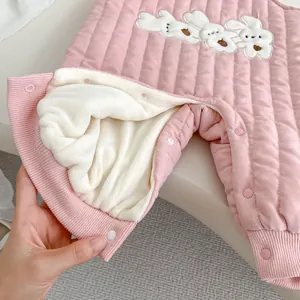 Pink quilted newborn thermal jumpsuit with rabbit embroidery and thick white plush lining
