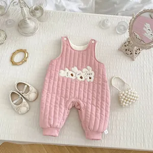 Pink quilted newborn bunny bodysuit with cute rabbit embroidery for infant girls