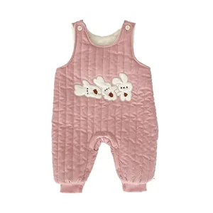Pink quilted thick baby romper with cute rabbit embroidery and button detailing