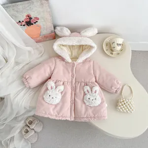 Pink winter hooded jacket for baby girls with cute bunny ears and soft fleece lining