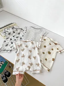 Close-up of baby short-sleeve rompers in breathable double-layer cotton gauze fabric