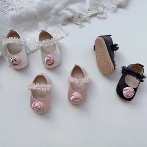 Scarpe Mary Jane da Principessa per Neonata in Satin con Rosa Pizzo Volant Suola Morbida Primi Passi Scarpe per Festa Rosa Bianco Nero