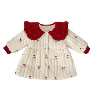Girl's winter padded jacket with cute mushroom embroidery and red fleece collar