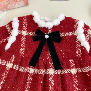 Girl red tweed Christmas dress with faux fur trim and velvet bow sparkling details