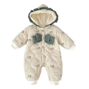 Quilted floral baby hooded jumpsuit with large green bow and warm fleece lining