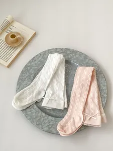 Baby Girls Combed Cotton Pointelle Leggings Knitted Hollow Out Tights With Bowknot For Infants Toddler Summer Breathable Pantyhose