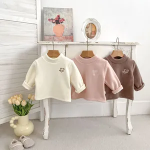 Winter fleece-lined kids thermal shirts featuring cute bear embroidery in three colors