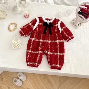 Barboteuse Bébé Fille Noël à Carreaux Bordure Fausse Fourrure Nœud Combinaison en Tweed Hiver Nouvel An