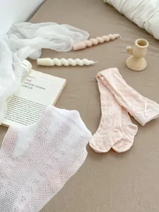 Pink bow jacquard and white mesh breathable cotton socks for baby girls summer wear