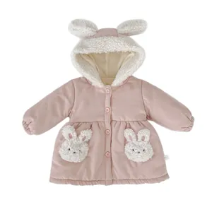 Cute pink winter coat for baby girls with rabbit ears hood and fluffy fleece details