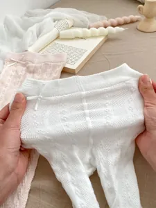 Toddler girls summer breathable hollow knit tights in white and pink with eyelet bow