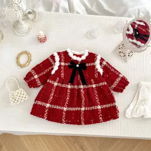 Girls Little Fragrance Red Plaid Tweed Dress Faux Fur Collar Bow Christmas Princess Thickened Velvet Warm Winter Dress