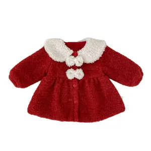 Manteau d'hiver rouge pour filles avec col en polaire blanche et nœuds mignons
