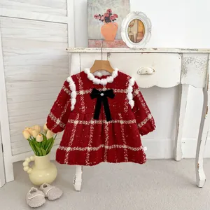 Winter girls' red plaid tweed dress with white faux fur trim and bow for Christmas