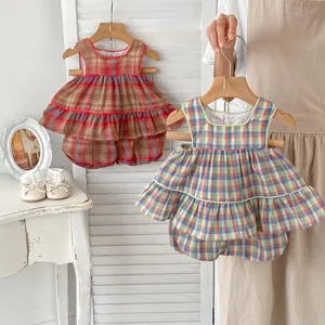 Baby Girls Summer Cotton Gingham Tank Top And Bloomers Shorts Two Piece Clothing Set Korean Style Toddler Ruffle Outfit