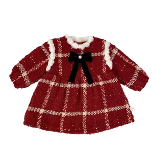 Girls red plaid tweed Christmas dress with bow and plush trim for winter