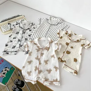 Infant cotton summer short sleeve rompers set featuring panda and bear cartoon prints