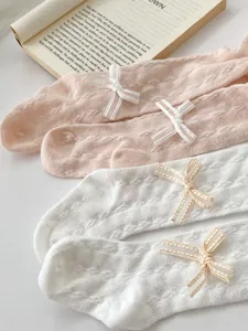 Detail of baby lace knee-high socks with mesh patterns and elegant ribbon bows