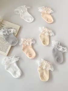 Detail of girls' cotton socks with breathable mesh and sweet double-layered lace ruffles