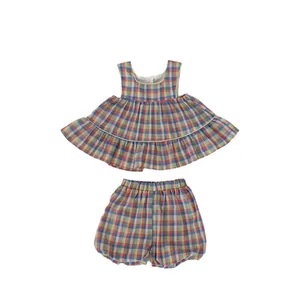 Baby girl summer two-piece outfit with colorful gingham tank top and bloomers