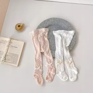 Lace hollow baby girl tights set in pink and white with cute decorative bows