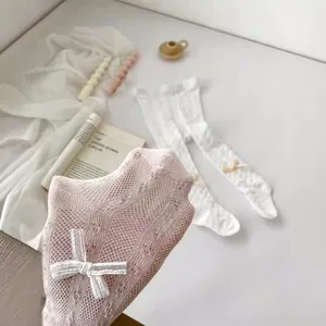 White lace mesh baby girls tights with elegant ribbon bow for 2025 summer comfort
