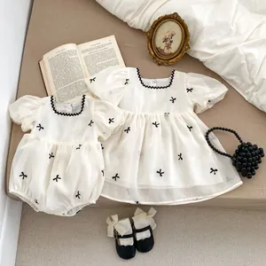 Baby Meisjes Zoet Strik Pofmouw Boxpakje Jurk Set Franse Vintage Stijl Katoen Zomer Outfits Peuters