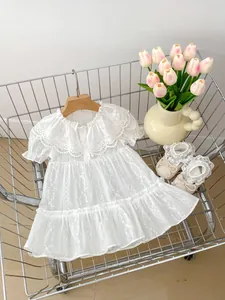 Detailansicht weißes Babykleid mit aufwendiger Spitzenstickerei und Rüschenkragen