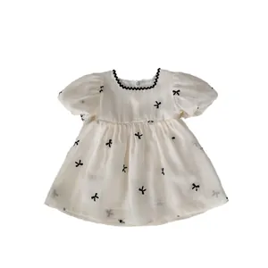 Girls puff sleeve princess dress with black bow embroidery and organza fabric