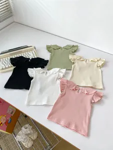Detailed flat lay of baby flutter sleeve ribbed t-shirts in five pastel colors