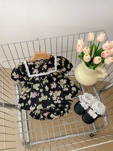 Baby girl floral short sleeve romper and bloomers set with delicate lace collar detail