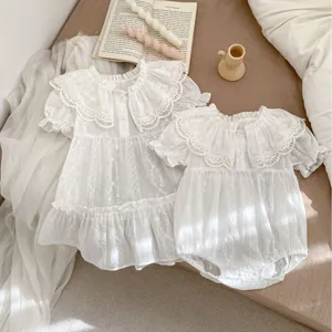 Baby Mädchen Weißes Spitzenkleid Strampler Mit Blumenstickerei Rüschenkragen Sommer Kurzarm Body Prinzessin Kleidung
