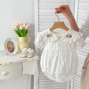Baby Girl Summer Cotton Romper Floral Embroidery Peter Pan Collar Short Sleeve Bodysuit Sweet Ruffle Infant Jumpsuit