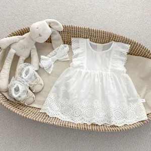 Baby Girls White Cotton Romper Dress Set With Headband And Shoes Eyelet Lace Embroidery Sleeveless Summer Sunsuit Outfit